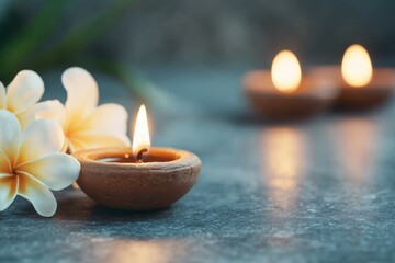 Poster - A candle is lit in a small clay pot on a table