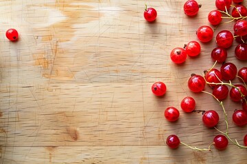 Wall Mural - Red currants scattered on a wooden surface, leaving space for text or design.