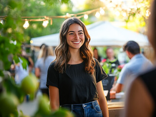 Smiling Woman at Community Event with Yellow Theme