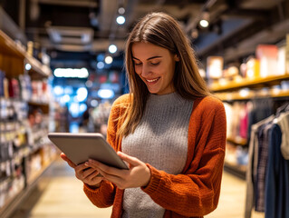 Smiling Woman Reading Product Labels in Grocery Store