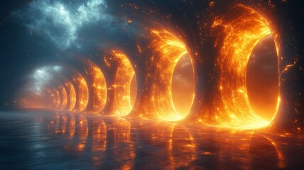 Aufkleber - A series of glowing portals emits a warm, fiery light, contrasting with the dark clouds above in a mystical landscape. The scene evokes a sense of wonder and adventure.