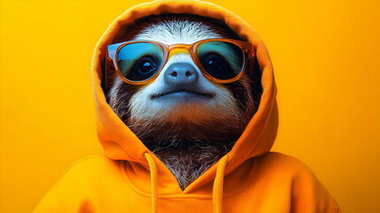 Poster - A sloth wearing sunglasses and a hoodie against a bright orange backdrop.