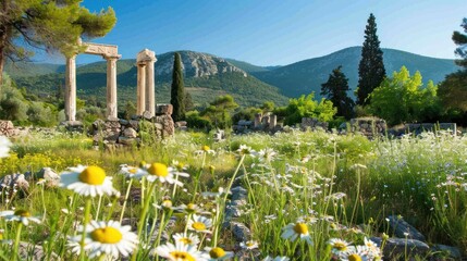 Canvas Print - Ancient Ruins Amidst a Field of Daisies