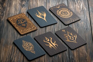 A set of wooden cards with various designs and symbols on them