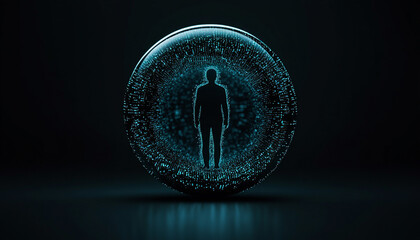 Silhouette of a person within a glowing circular pattern on dark background.