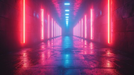 Poster - Bright neon lights cast a colorful glow along a narrow corridor, creating a captivating atmosphere in a modern urban environment during the night.