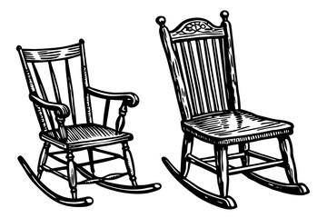  old model wooden chair and rocker vector art illustration 