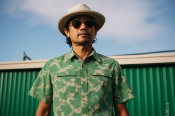 Wall Mural - Portrait of handsome asian man in hat and green shirt.