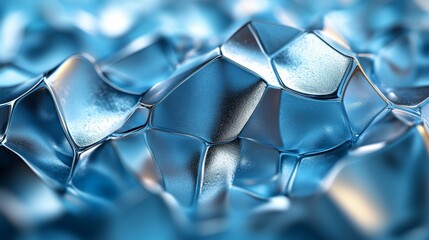 Fototapete - A close-up view reveals a textured blue surface that mimics ice or fluid, highlighting various shapes and reflective properties under bright lighting.