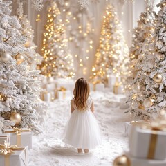 A luxurious indoor Christmas scene with a white floor and a pure white background behind a child wearing a flowing white dress. Multiple elegant, snow-covered Christmas trees. 