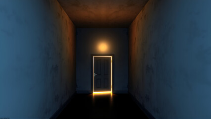 Copyspace design of hope amid the gloom concept, a bright exit door in dark room, the light at the end of the tunnel