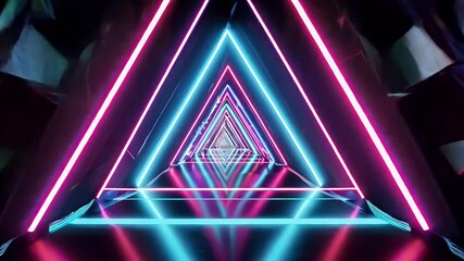 Wall Mural - Fly captivating tunnel glowing rotating neon triangles creating mesmerizing visual spectrum blue purple pink violet lights presented seamless loop that enhances vibrancy modern animation
