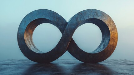 Leinwandbilder - The sculpture, shaped like an infinity symbol, is prominently displayed on a solid platform, bathed in the soft glow of sunrise, enveloped by a peaceful mist that enhances its elegance.