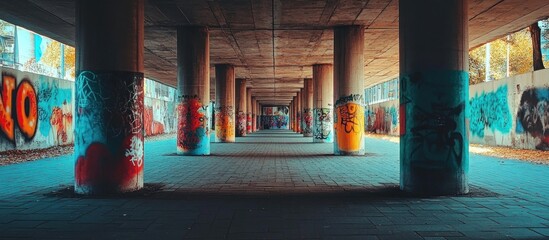 Wall Mural - a long row of concrete pillars painted with colorful graffiti create a tunnel-like passageway.