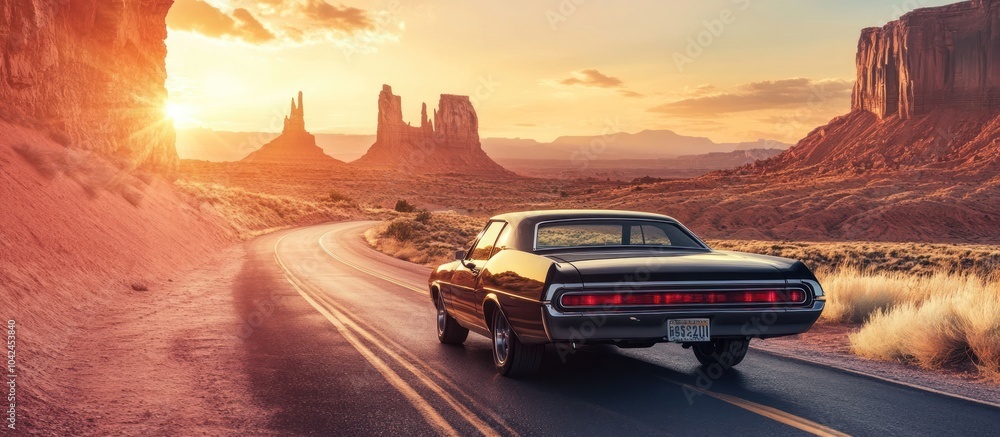 Illustration Stock Classic car driving on a scenic road in a desert ...