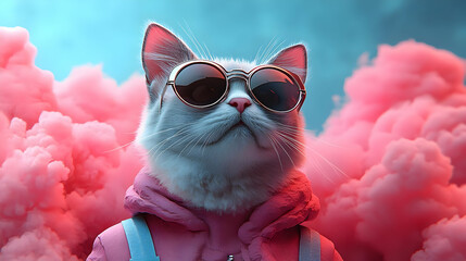 Poster - A stylish cat wearing sunglasses and a hoodie amidst pink clouds.