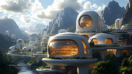 Wall Mural - Futuristic cityscape with organic architecture and mountainous backdrop.