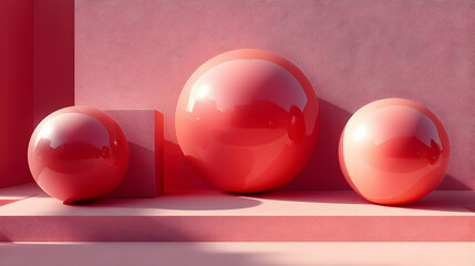 Wall Mural - Abstract composition of glossy red spheres on a pink background.