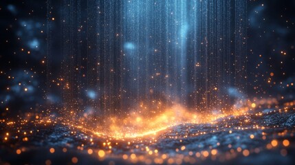 Aufkleber - Light cascades through falling water, creating an ethereal ambiance with sparkling particles emerging from a dark surface, inviting a sense of calm.