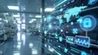 © Sam - A digital interface with glowing icons and a world map, set against a blurred background of a hospital setting, representing the future of healthcare.