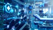 © Sam - A medical monitor with a glowing blue interface showing an abstract network of medical symbols against a blurred background of a hospital room.