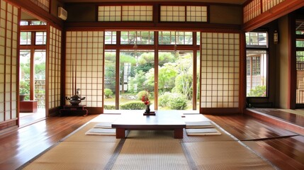 Wall Mural - Traditional Japanese Interior Design with Tranquil Garden View