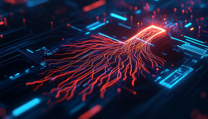 Abstract technology background with glowing circuits and lines.
