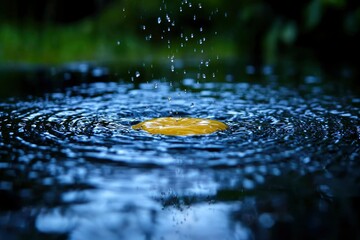 Wall Mural - Yellow Object Floating in Rippling Water with Rain Droplets Falling