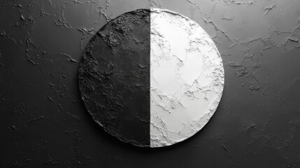 Poster - A striking circular art piece is divided into black and white halves, showcasing textured surfaces that create a bold contrast against a dark wall. It's an elegant addition to any modern decor.