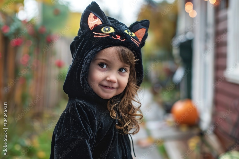 young girl smiling, dressed in a black cat costume with a cute cat face ...