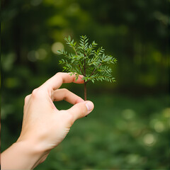 hand holding tree on blur green nature background. concept eco earth day