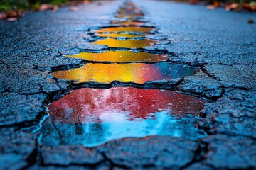 Wall Mural - Reflection of Fall Colors in a Cracked Asphalt Path Puddle