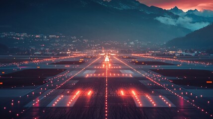 Wall Mural - Stunning view of a beautifully illuminated runway at dusk in a mountainous region with vibrant skies and landing lights