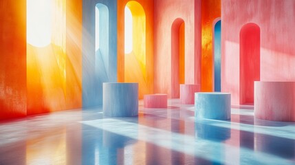 Aufkleber - A bright interior features vivid orange, blue, and pink walls, with soft light streaming through arched windows onto cylindrical columns. The glossy floor reflects the colorful surroundings.