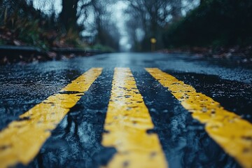 Wet Asphalt Road with Yellow Lane Markings