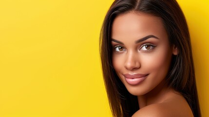 Poster - A stunning closeup of a darkskinned woman with long hair, radiant features, and vibrant colors that capture attention.