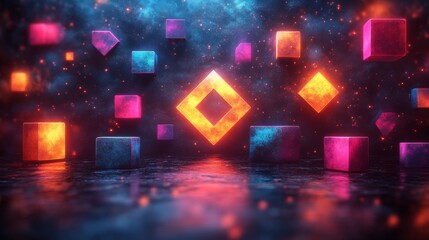 Fototapete - Vibrant geometric shapes hover in a cosmic background, glowing with vivid colors. The scene blends light and shadow, creating a surreal atmosphere.