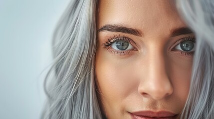 Poster - A closeup portrait of a middleaged woman showcasing her dark brown hair  regrown gray roots.