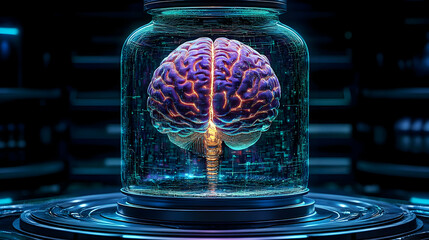 Sticker - A glowing brain encased in a futuristic glass jar.