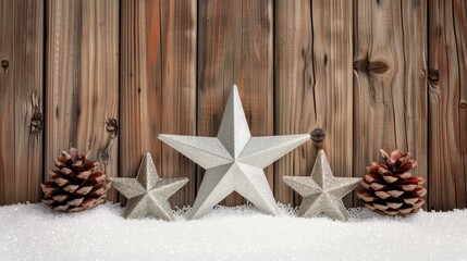 Delight in the charm of a rustic wood background adorned with glittering stars, perfect for festive product displays.