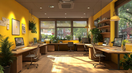 Poster - Bright and modern office space with plants and natural light.