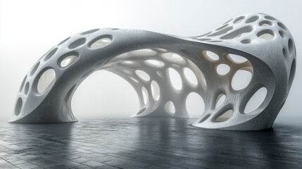 Aufkleber - An innovative architectural design features smooth, organic curves and numerous openings, set against a backdrop of fog in an urban area. The structure stands out in the soft morning light.