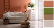 © New Africa - Stylish living room with comfortable sofa near color wall. Interior design and matching color palette