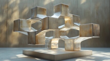 Leinwandbilder - A contemporary sculpture captures attention with its geometric design, reflecting light beautifully in a minimalist gallery setting. The interplay of shapes and shadows adds depth.