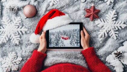 A cozy holiday scene with a person holding a tablet showing snowy landscapes.