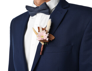 Poster - Groom in suit with stylish boutonniere on white background, closeup