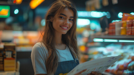 woman with a friendly smile, in a grocery store, holding a paper