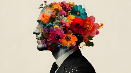 Poster - A silhouette of a man filled with vibrant flowers, symbolizing creativity.