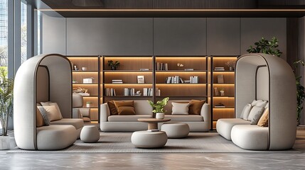 a quiet zone with soundproofing panels on the walls and ceiling, filled with ergonomic lounge chairs