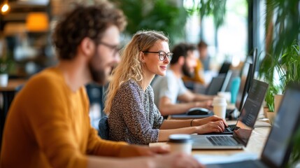 A group of young professionals work on laptops in a vibrant, modern co-working space, highlighting collaboration and productivity in a contemporary office environment.